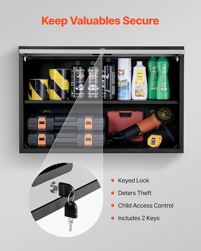 VEVOR Metal Wall Cabinet, 30.31 x 12.01 x 19.69 Inch, Floating Garage Tool Cabinet with Up-Flip Door and Shelf, 240 lbs Load Capacity, Fit for Garage, Basement, Kitchen, Warehouse Assembly Required