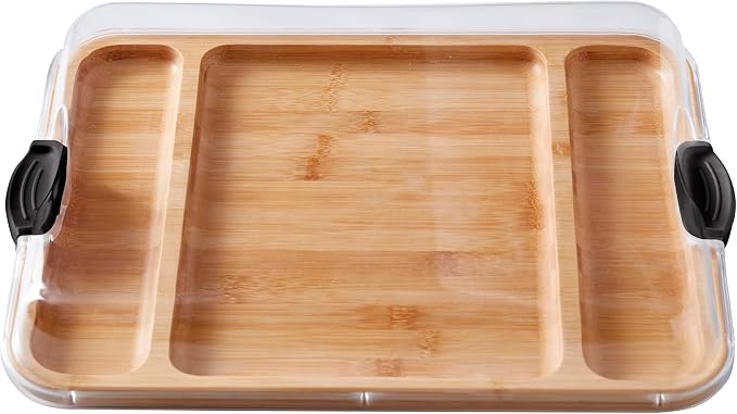 FARBERWARE Build-a-Board Cutting Board with Three Compartments and Clear Locking Lid for Charcuterie, Snacks, and More, Bamboo