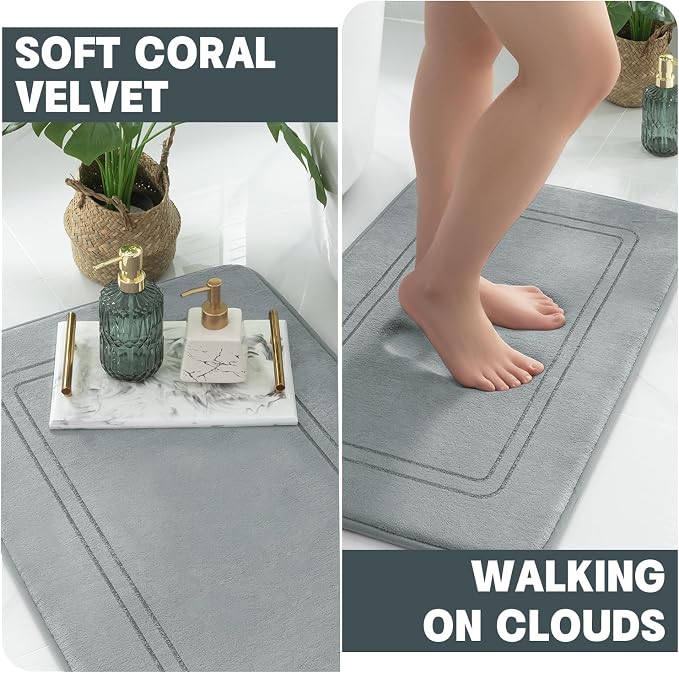 YIHOUSE Memory Foam Bath Mat Set, Non Slip Bath Mats for Bathroom, Super Soft and Water Absorbent Bath Rug Set, Machine Washable U Shape Toilet Mats, Light Grey