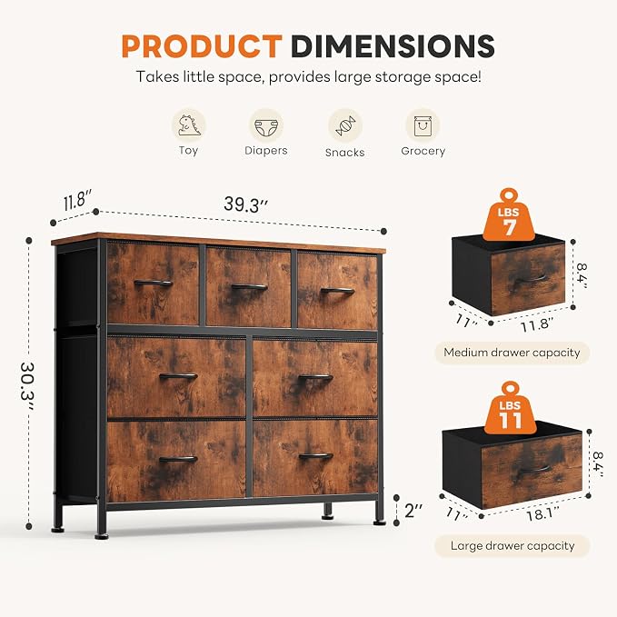 Sweetcrispy 7 Drawer Dresser with Fabric Bins Fabric Storage Tower Organizer for Bedroom Closet Hallway Entryway Tall Chest of Drawers with Steel Frame Wood Top Easy Pull Handles,Rustic Brown