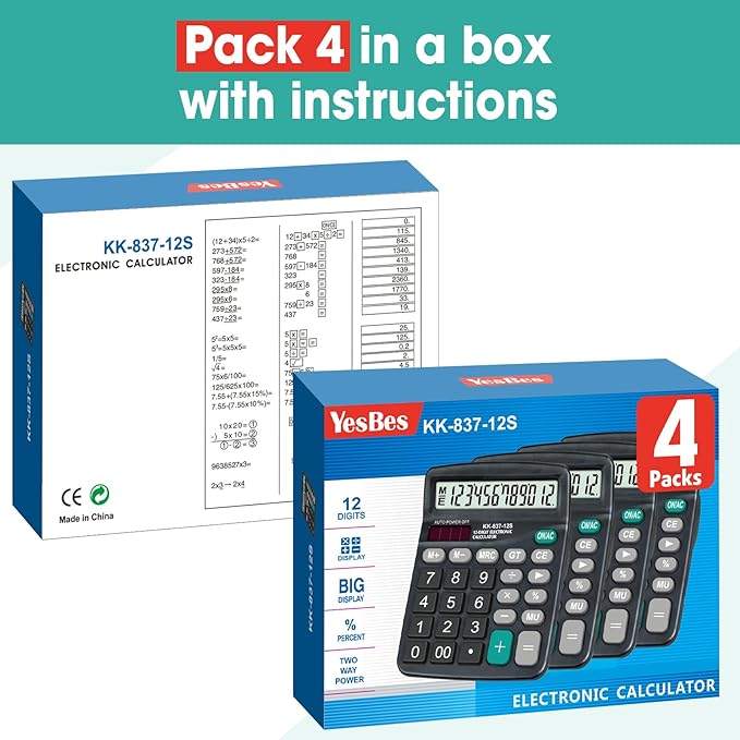 4 Pack Calculator Bulk, 12 Digits Calculators Desktop with Large LCD Display and Sensitive Butto, Solar and Battery Dual Power, Desk Calculator