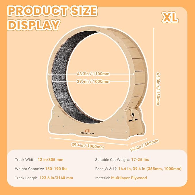 Homegroove Cat Exercise Wheel for Indoor Cats, 46" Large XL Cat Running Treadmill Wheel with Carpeted Runway for Kitty’s Longer Life, Natural Wood Color(XL)