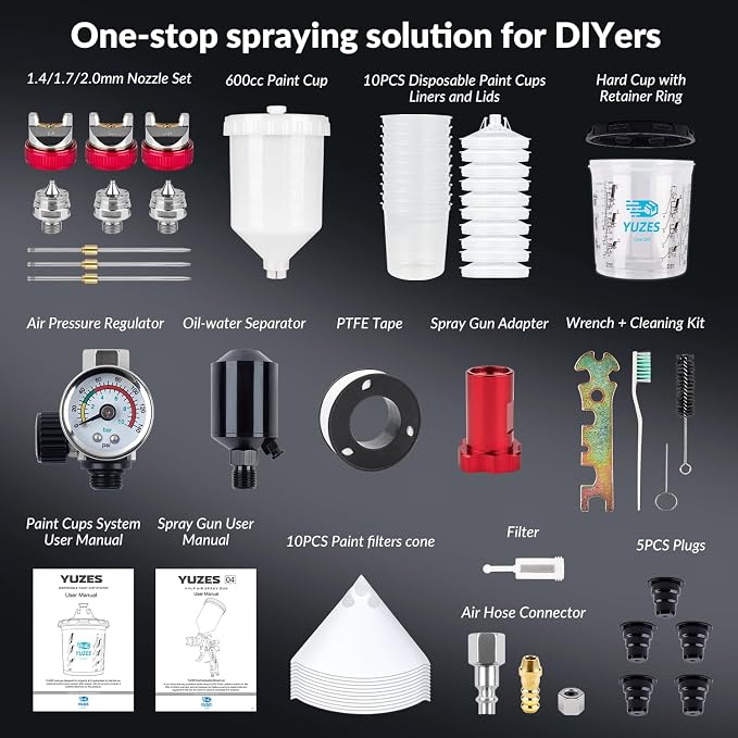 YUZES HVLP Spray Gun Premium Kit, 1.4/1.7/2.0mm Nozzles, Regulator & Filter | For Stable Airflow & Less Moisture, 3 Nozzle Sets, 10 Cup Liners, 600ml Mixing Cup, Adjustable Fan & Fluid, Automotive & DIY