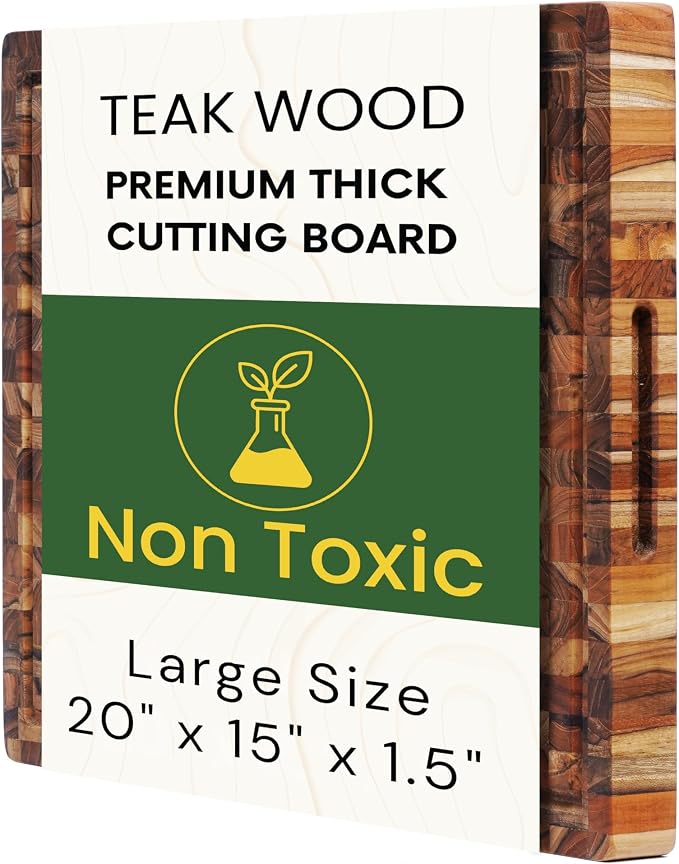 Premium Teak Wood XL End Grain Cutting Board 20 x 15 Inch, Extra Thick 1.5 Inch Butcher Block for Meat & BBQ Prep, Large Solid Wood Cutting Board with Juice Groove by New M Way