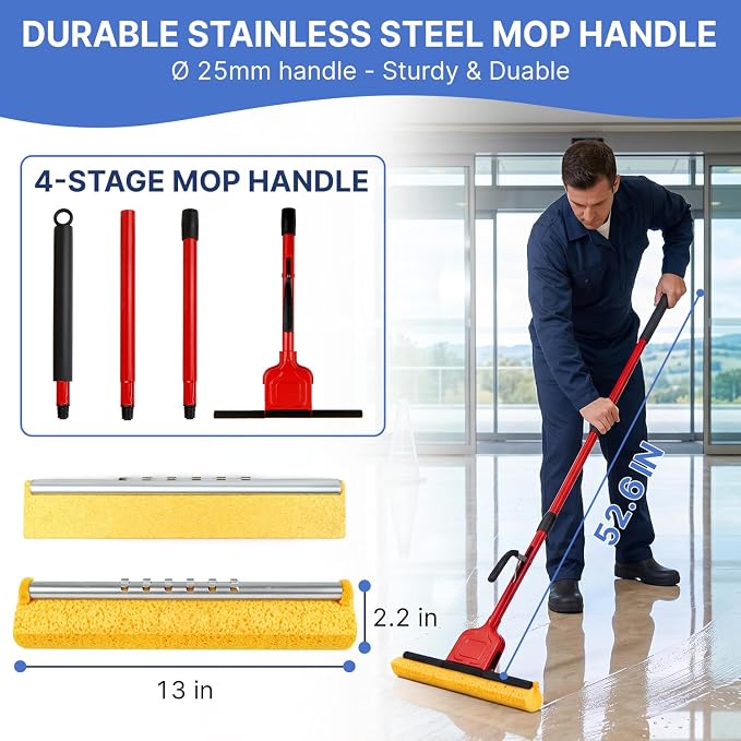 Commercial Sponge Mop for Floor Cleaning with 2 Compressed Cellulose Replacement Heads, Heavy Duty Industrial Mops for Hardwood Tile Laminate Marble, for Office Workshop Warehouse Garage Home Kitchen