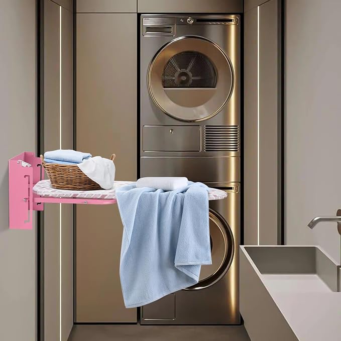 Wall Mounted Ironing Board Adjustable Height Fold Away Iron Board | 36x12 Inch Wall Mount Space-Saving Ironing Board with Removable Heat Resistant Cover for Small Spaces Home Laundry Room Pink