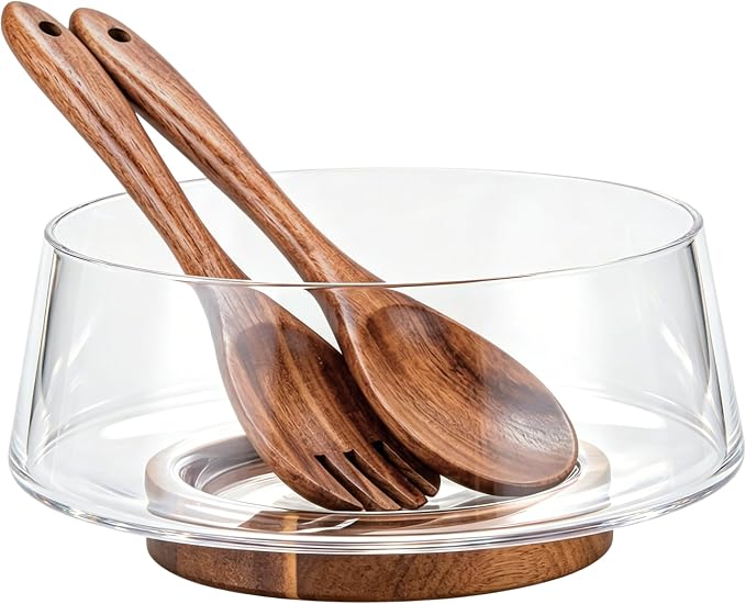 muso wood Salad Bowl Set Large-capacity Glass Salad Bowl with Acacia Wood Base and Salad Spoon-fork Perfect for Family Gatherings and Dinner Parties Mix Effortlessly