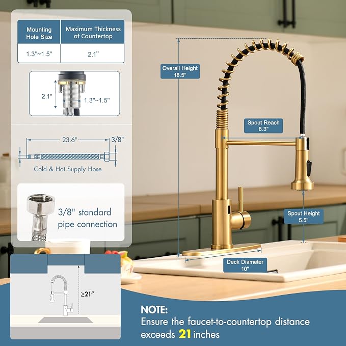 GIMILI Gold Touchless Kitchen Faucet with AC Adapter, Smart Motion Sensor Hands Free Single Handle Kitchen Sink Faucet with Pull Down Sprayer