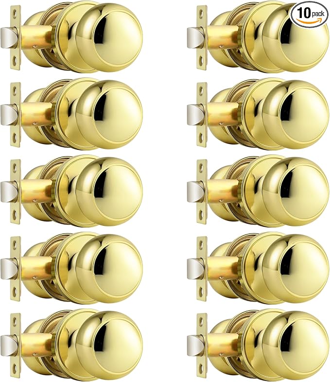 Probrico Passage Door Knobs Polished Brass Interior Hall/Closet Door Handles Keyless Locksets, 10 Pack