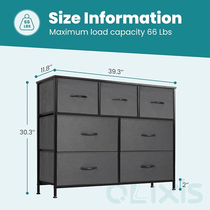 OLIXIS 7 Drawers Dresser for Bedroom, Fabric Storage Tower for Living Room, Entryway - Sturdy Steel Frame, Wooden Top & Easy Pull Fabric Bins, Closet Chests Organizer for Clothes, Classic Grey