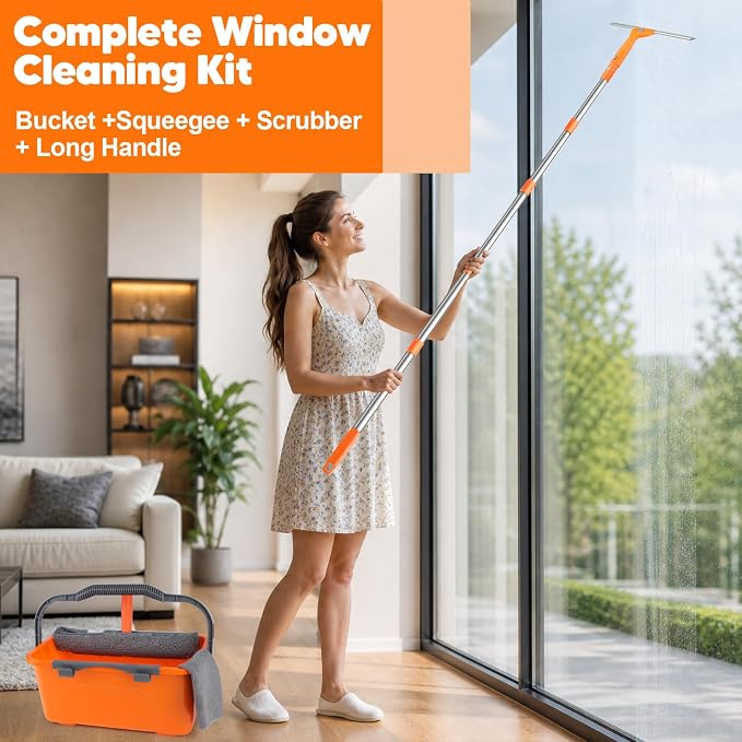 Window Cleaning Kit with Bucket 3 Gallon & 76" Squeegee Scrubber | Professional Window Washing Equipment with Long Handle, Compelete Window Cleaner Tools for Home Outdoor Commercial Car