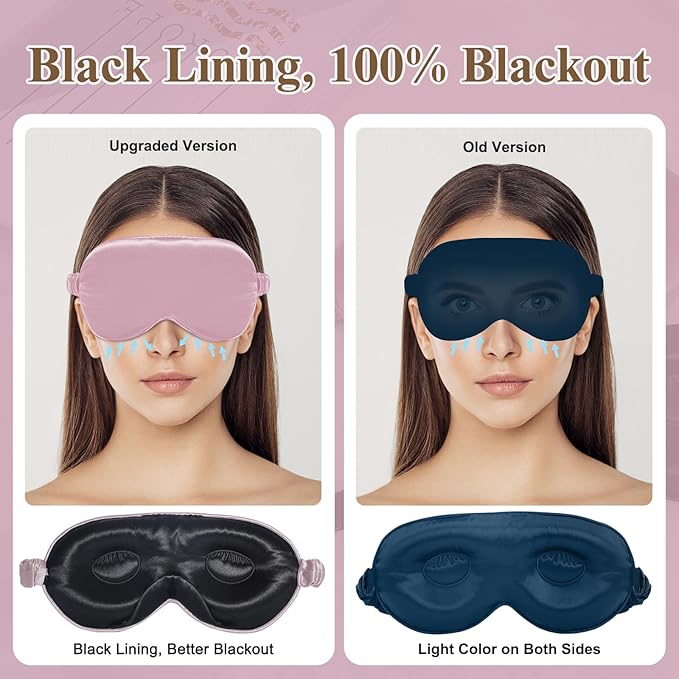 BeeVines 2 Pack 3D Contoured Sleep Mask 22 Momme Mulberry Silk Sleeping Eye Masks, Satin Eye Cover for Lash Extensions, Night Light Blocking Blindfold, 100% Blackout Satin Covers for Men & Women