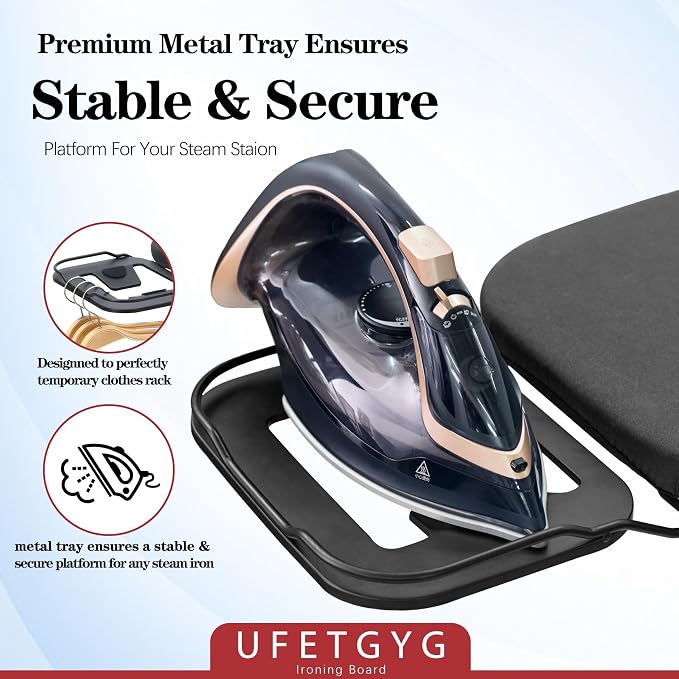 UFETGYG Ironing Board, Metal Panel Iron Board |43" X 13" W/with Iron Rest | Full Metal Construction| Height Adjustable | Heat & Scorch Resistant Fabric | Anti-Skid Feet | Heavy Duty| Easy to Fold