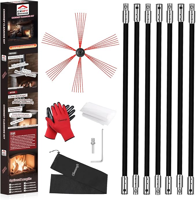 23 Feet Chimney Sweep Kit, Chimney Cleaning Kit with 7 Flexible Black Chimney Rods, Rotary Chimney Cleaning System Driven by Drill for Sweeping Fireplace, Chimney Cleaners with Strong Brush