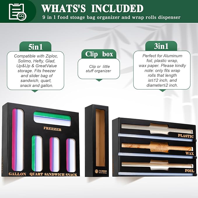 Calmbee 9 in 1 Bamboo Storage Bag Organizer for Kitchen Drawer – Plastic Wrap Dispenser with Cutter & Foil Organizer, Wooden Baggie Organizer for Sandwich, Snack, Gallon, Quart Sizes, Black