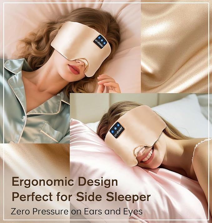 LC-dolida Luxurious Silk Soft Sleep Mask, Sleep Headphones with Bluetooth 5.4 for Side Sleeper, Total Blackout Eye Sleeping Mask for Women and Men, Ideal Gift for Restful Sleep, Travel(Champagne)