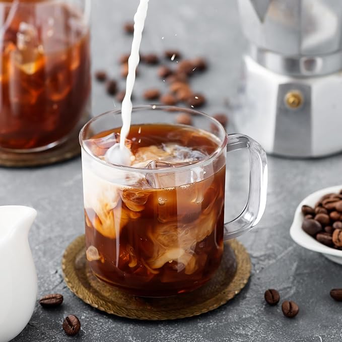 Glass Coffee Mugs, 14 oz iced coffee cups, Clear Tea Cups Set of 2, Glass Mugs with Handles, Glass Cups for Latte, Cappuccino, and Tea