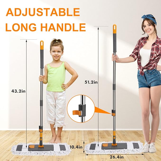 MASTERTOP Dust Mop for Floor Cleaning, Microfiber Floor Mop with 2 Washable Pads, Height Adjustable Long Handle, 26.4'' Dry and Wet Flat Mop for Hardwood, Laminate, Tile, Marble