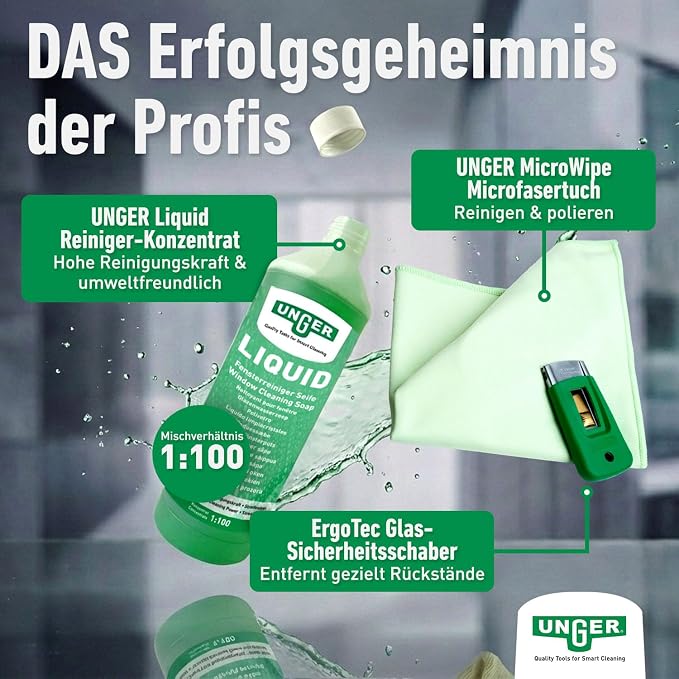 Unger AK015 Window Cleaning Kit PRO Set - Power Washer Sleeve, ErgoTec Squeegee, Bucket 18L, Liquid Glass Cleaner 1L, Safety Glass Scraper, Microfibre Cloth - Professional Window Cleaner, Green