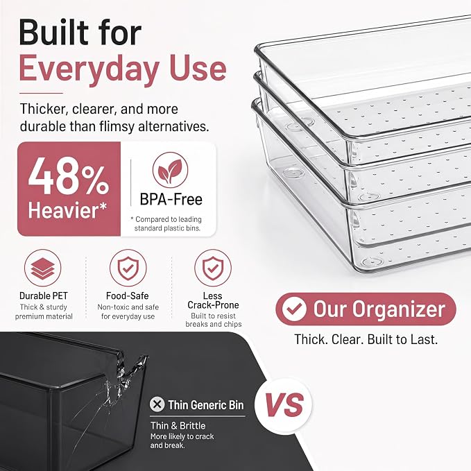 12 Pack Large Drawer Organizer Bins - Clear Plastic Bathroom Drawer Organizer Trays - Heavy Duty Kitchen Drawer Dividers for Utensils - Non-Slip Storage Bins for Makeup, Bedroom, Office Desk