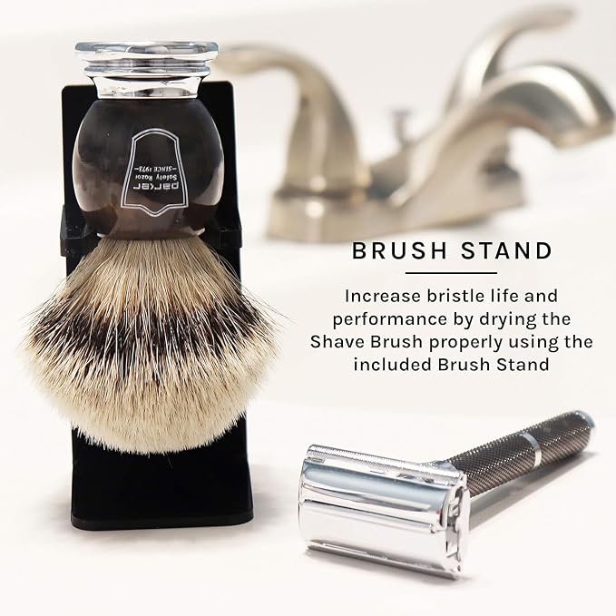 Parker 100% Silvertip Badger Shaving Brush – Faux Horn Handle, Long Loft 22 mm Knot, Chrome Base & Resin Stand – Rich Lather, Soft Bristles for Comfortable Shaving