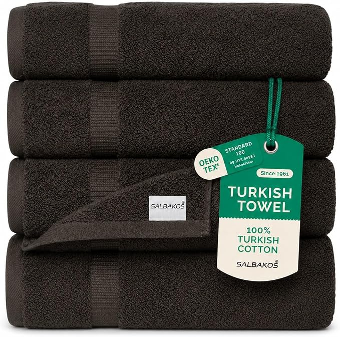 SALBAKOS 4-Piece 100% Turkish Cotton Bath Towels, 27x54 inch, Chocolate | Standard Size, 630 Gsm Thick Super Soft Highly Absorbent Quick-Dry Bathroom Towel, Premium Hotel & Spa Quality Made in Turkey