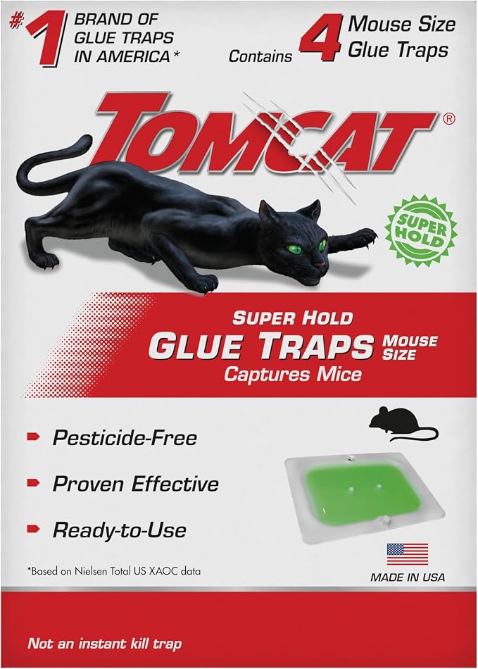 Tomcat Super Hold Glue Traps Mouse Size for Mice, Cockroaches, Spiders, and Scorpions, Ready-To-Use, 4 Traps | For Mice, Cockroaches, Spiders, and Scorpions, Ready-To-Use