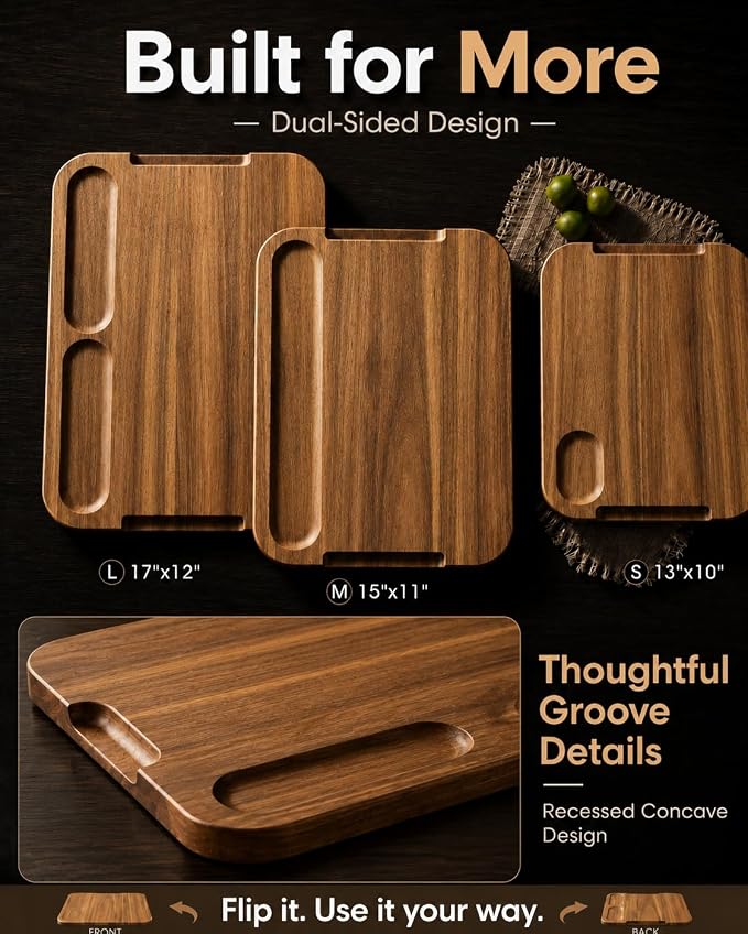 Starkbear Acacia Wood Cutting Board Set of 3 with Stand, Core-Cut Non Slip Wooden Chopping Block, Sloped Juice Groove Reversible Charcuterie Serving Tray for Modern Kitchen Gift