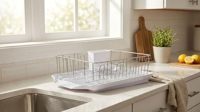 Farberware Classic Large Rust Resistant Full Dishrack with Removable 3 Compartment Flatware Caddy, Andlged Drain Board, 3-Piece, White