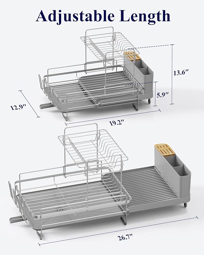 Kitsure Large Dish Drying Rack - Extendable Dish Rack, Multifunctional Dish Rack for Kitchen Counter, Anti-Rust Dish Drainers with Cutlery & Cup Holders 19.2"-26.7" L x 12.9" W x 13.6", Grey