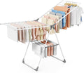 Sakugi Clothes Drying Rack with Height-Adjustable Wings, Metal Foldable Laundry Dryer Stand for Clothing & Bedding, Free-Standing Collapsible for Indoor & Outdoor Use, 69.5" L × 22.8" W, White Gray