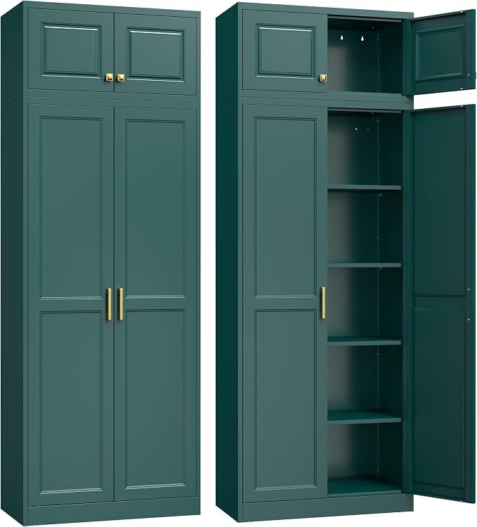 Steeloong 86"Metal Pantry Storage Cabinet with Doors & 4 Adjustable Shelves | Kitchen Pantry Cabinet,Green Kitchen Cabinet with 4 Gold Handles,Tall Cabinet for Livingroom,Pantry, Bathroom,Kitchen,Garage