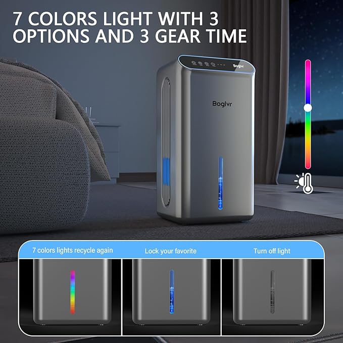 Dehumidifier for Home up to 1000 sq.ft, 98oz Small Quiet Dehumidifier with Drain Hose, 3 Timer Modes, Auto Shut Off, Aromatherapy & 7 Color Light for Bedroom, Bathroom, Basement (Space Gray)