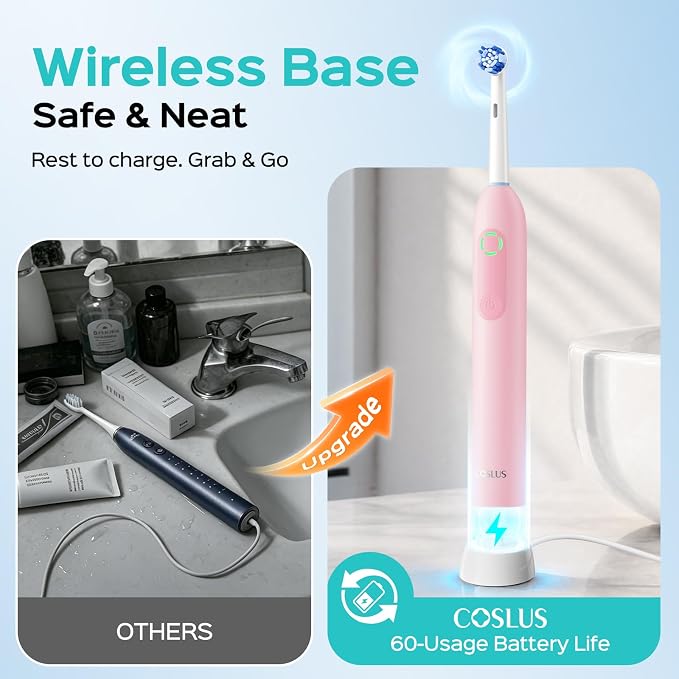COSLUS C60 Rechargeable Rotating Electric Toothbrush for Adults Deep Clean | Portable Spinning Tooth brush with Travel Case, Cordless Charging & Long Battery Life, Smart Pressure Sensor, Family, Pink