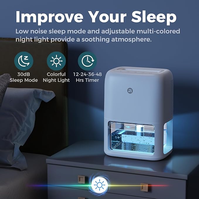60 OZ Dehumidifiers for Home, Dual-Semiconductor Quiet Dehumidifier with Timer Sleep Mode Auto-Off 7 Colors Light Portable Small Dehumidifiers for Bathroom, Cloakroom, RV