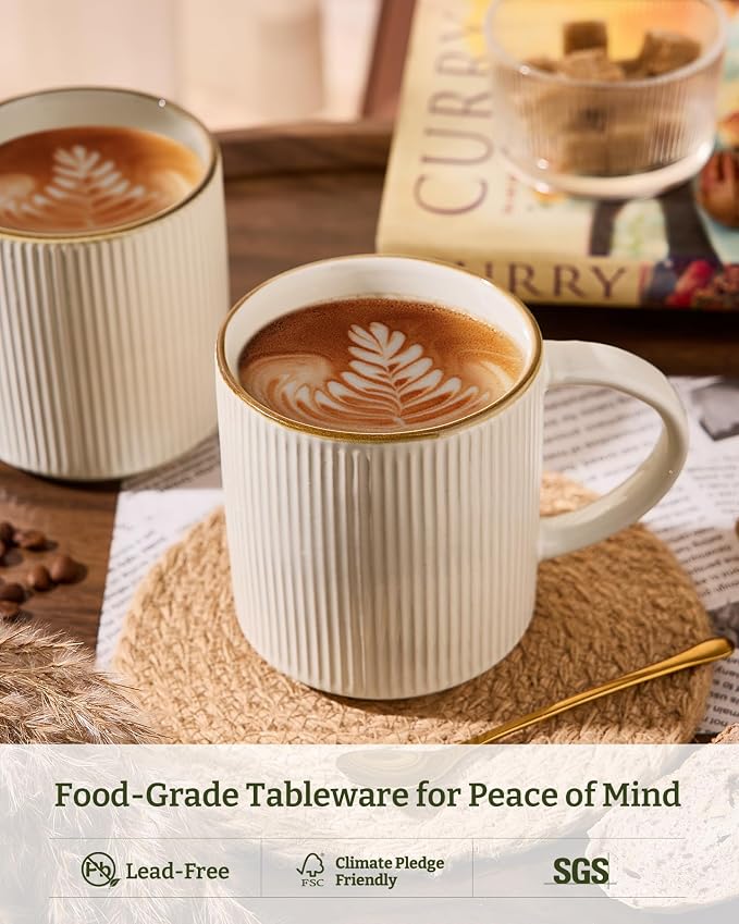 famiware Coffee Mug Set for 4, Star 16 oz Catering Mugs Cup Set with Handle for Coffee, Tea, Cocoa, Milk - Ceramic Stoneware Drinkware Set, White