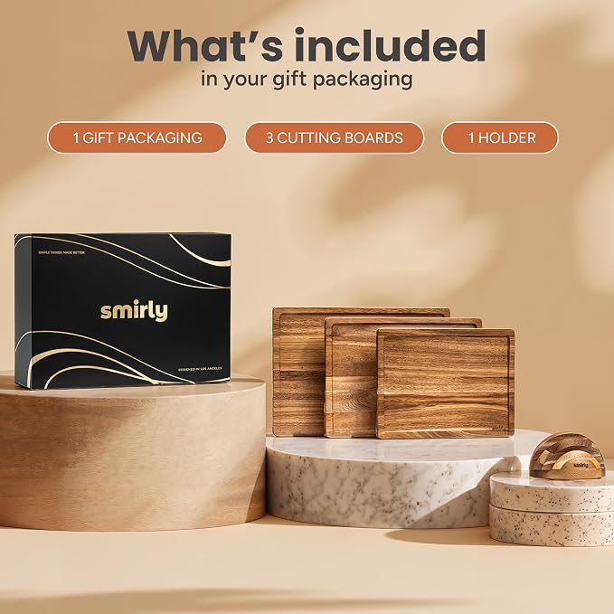 SMIRLY Cutting Boards for Kitchen, 3 Piece Acacia Cutting Board with Stand | Non Toxic Cutting Board with Juice Grooves and Handles, Multiple Sizes Wood Chopping Board for Meat Vegetable Charcuterie