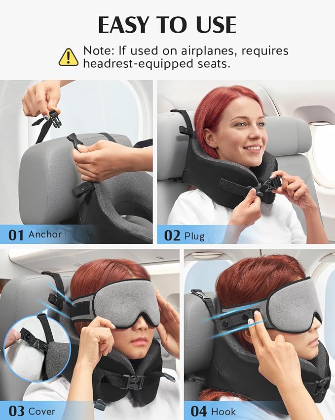 YFONG Travel Pillow for Long Flight Airplane, Head Strap Combo with 3D Contoured Sleep Eye Mask, Neck Pillow for Travel Essential, 360° Support Memory Foam Headrest, Prevent Bobbing, Drawstrap - Grey
