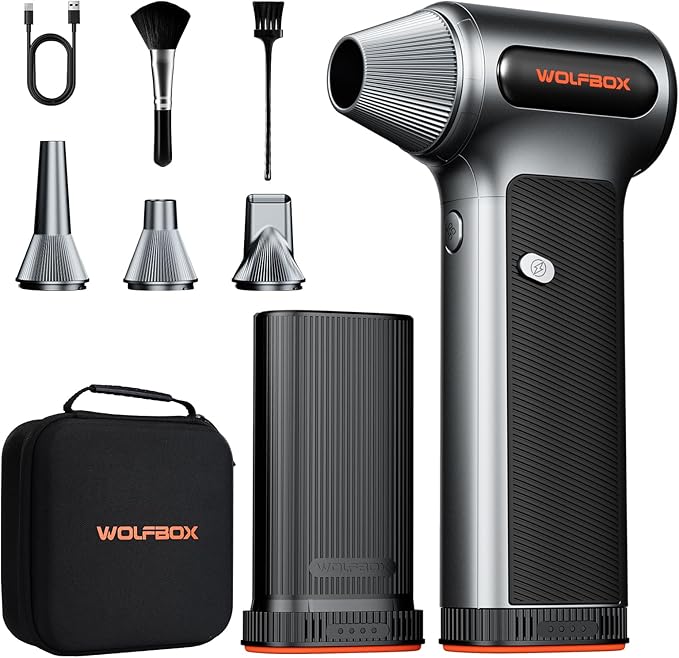 WOLFBOX MF200-2PK Compressed Air Duster - 2 Swappable Battery Packs & Case, Hurricane-Force Electric Air Blower for PC, Car Detailing, Camping & Home, High-Pressure Duster for Narrow Gaps & Crevices