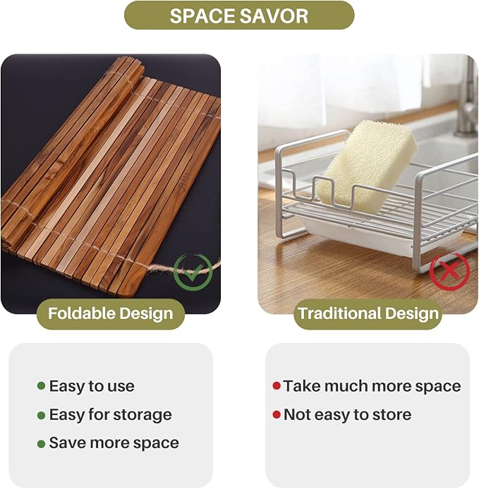 HTB Over Sink Dish Drying Rack 17.8'' x 16.1” Teak Wood | Roll Up Dish Drying Rack for Kitchen Counter,Space Saving,Collapsible Dish Drying Mat for Bowls,Vegetables,Fruits,Bottles