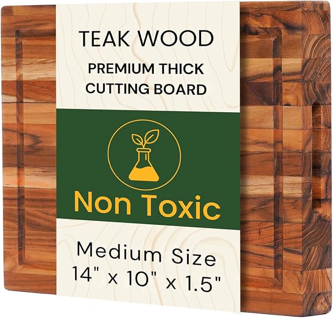 Premium Teak Wood Cutting Board 14×10 Inch, Extra Thick 1.5 Inch Edge Grain Butcher Block for Meat & Daily Prep, Large Wooden Cutting Board with Juice Groove & Handle Grips by New M Way