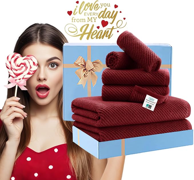 VOOVA & MOVAS 6PC Towel Set, 100% Cotton, Burgundy Red | 2 Large Bath 30x56 In, 2 Hand 18x28 In, 2 Washcloths 13x13 In, Soft, Quick Dry, Towel Gift Set