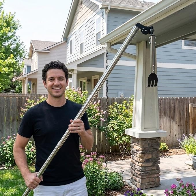 12FT Gutter Cleaning Tools from the Ground with Dual-Axis Adjustment | Spring Steel Gutter Cleaner Tool, Adjustable Length Cleaning Pole with Gutter Rake for Leaves, Muck and Roof Debris