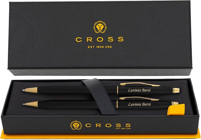 Cross Classic Century Engraved Ballpoint Pen and 0.7mm Pencil Set, Matte Black with 23k Gold Trim, Personalized Gift for Graduation, Retirement, Career Advancement, Gift Box Included