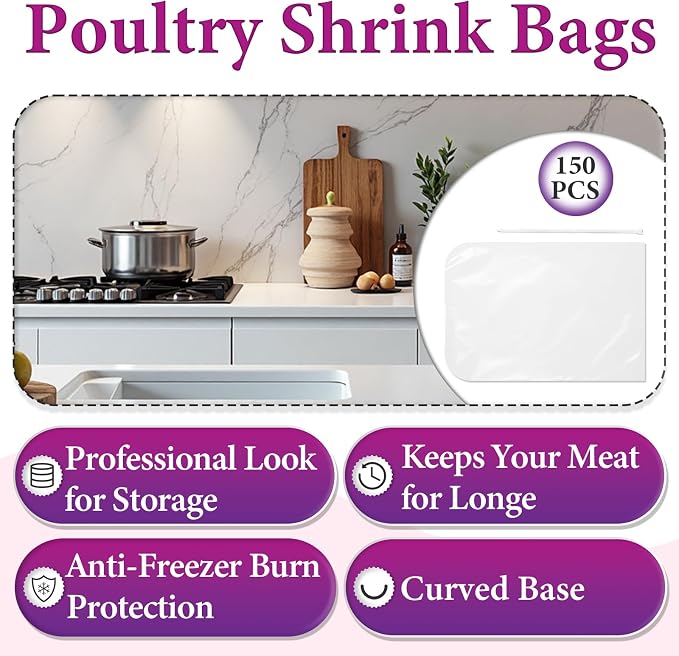 150 PCS Poultry Shrink Bags, 13x18 Inches Clear Freezer Heat Shrink Wrap | Equipped with 150 Zip Ties, Heat Shrinkable by Hot Water Dipping, Freezer Safe for Chickens and Rabbits Storage