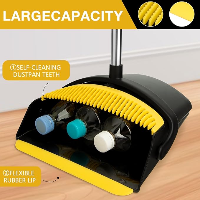 Broom and Dustpan Set, Long Handle Lightweight Dustpans with Broom Combo for Home, Indoor&Outdoor Sweeping for Home Room Kitchen Office Lobby (Black Yellow)