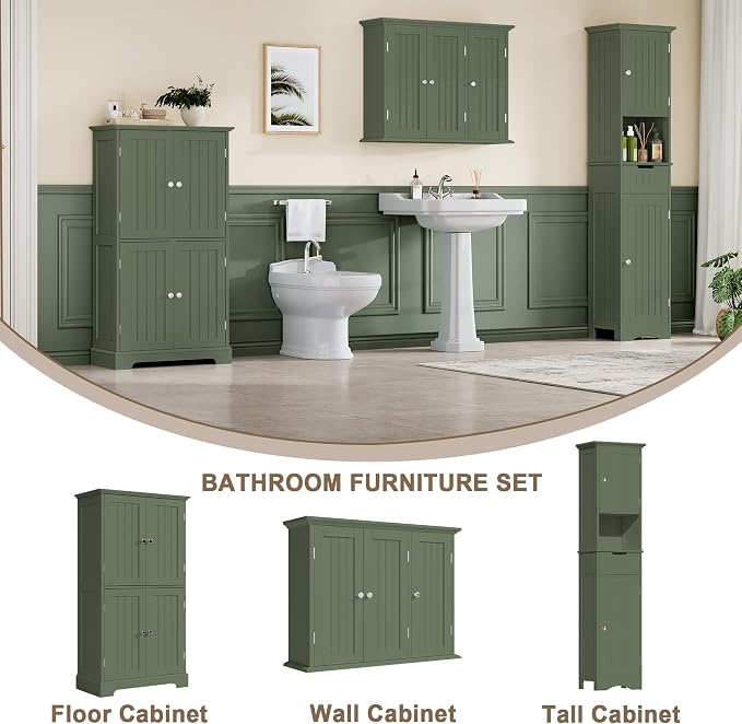 ChooChoo Bathroom Wall Cabinet with 3 Doors, Laundry Cabinet Wall Mounted, Medicine Cabinet with Adjustable Shelves, Hanging Kitchen Cupboard Organizer, Green