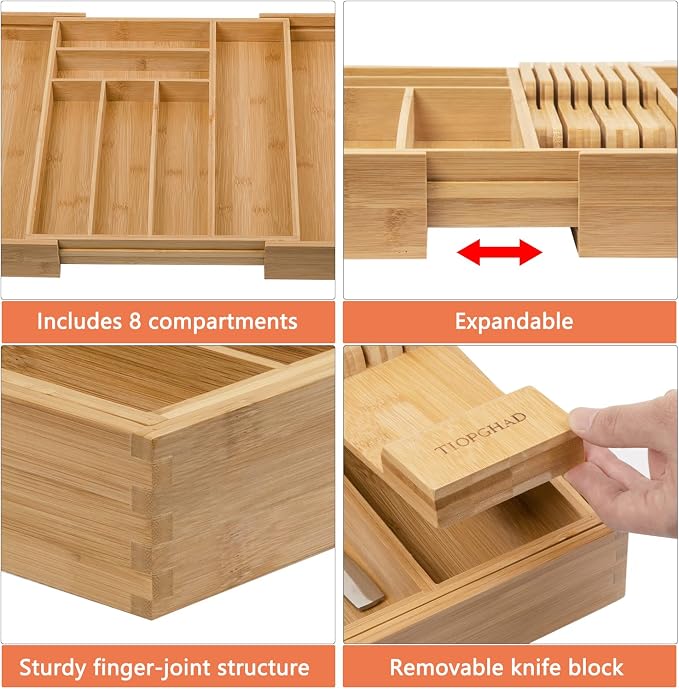 TIOPGHAD Bamboo-Silverware-Drawer-Organizer-Kitchen, Expandable Utensil Holder Cutlery Tray Flatware Organization Adjustable Wood Tableware Dividers Storage (with Removable Knife Block)(Natural)