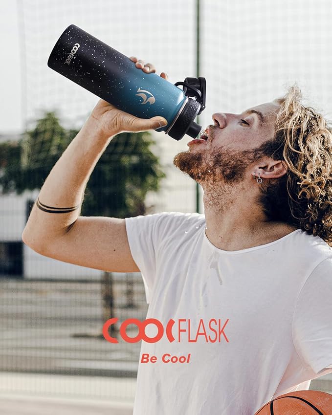 Coolflask Water Bottle 24 oz Insulated with Straw, Stainless Steel Metal 3 Lids Water Flask Wide Mouth for Sports or Office, Non-BPA Keep Cold Up to 48 Hrs or Hot Up to 24 Hrs, Turquoise