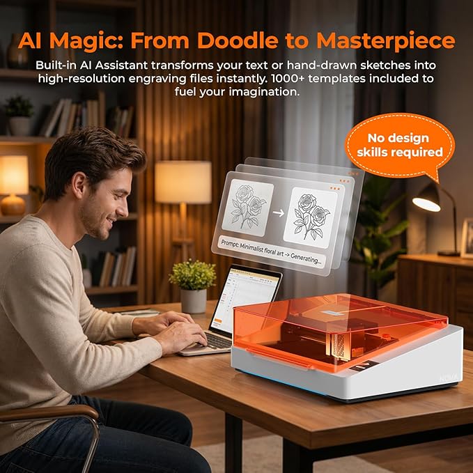 TOOCAA NOVA 10W Smart AI Laser Engraver & Cutter, Fully Enclosed Class 1 Safety, 5MP AI Positioning Camera & Auto Focus, 360° Rotary & Air Assist, Dual-Channel Exhaust for Cleaner Cuts & Less Smoke